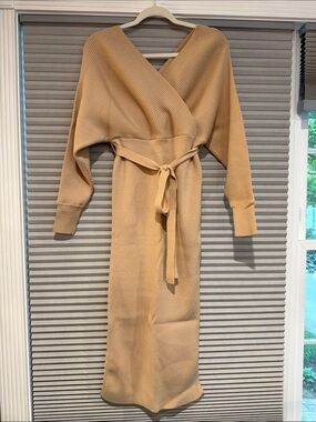 New laGabrielle  Camel Ribbed Wrap Midi Dress with Waist Tie